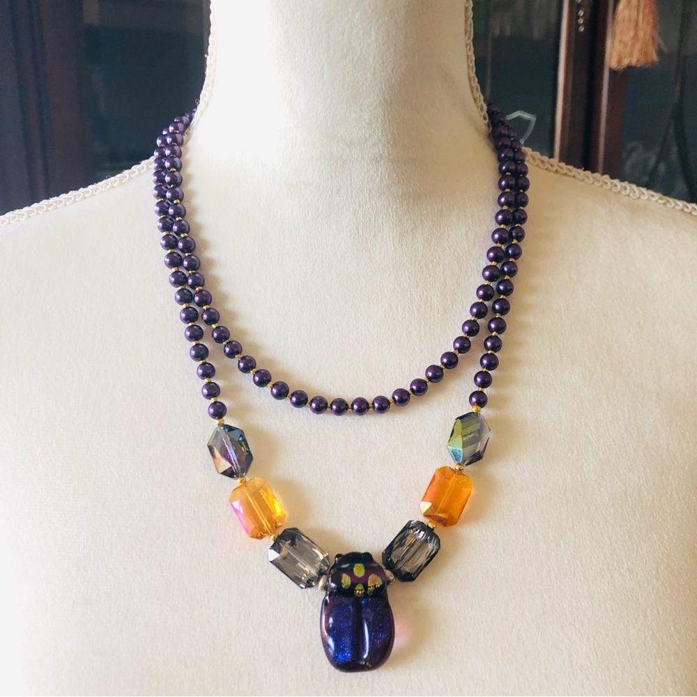Handcrafted double strand glass crystal Pearl beaded scarab pendant necklace